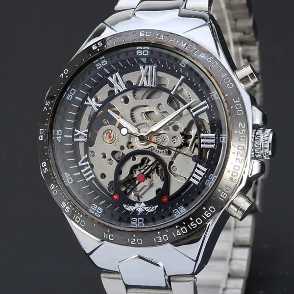 T-WINNER Hot Sell Business  Metal Dress Black Bezel Hollow Rome Dial Mechanical Watch Full Steel Band Auto Self Wind