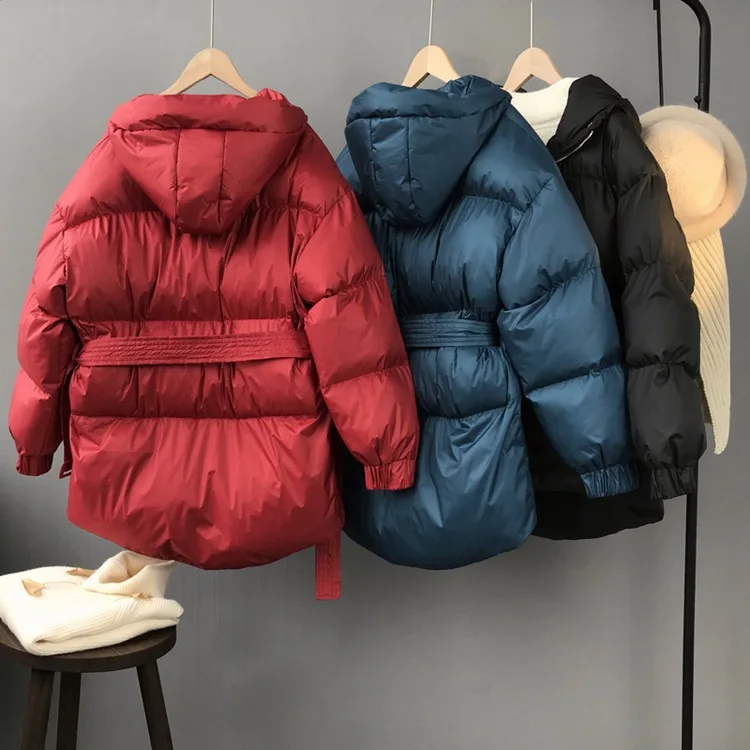 New fashion brand winter red color hooded warm coat female fluffy bread style thicker warm down cotton coat with belt wq777