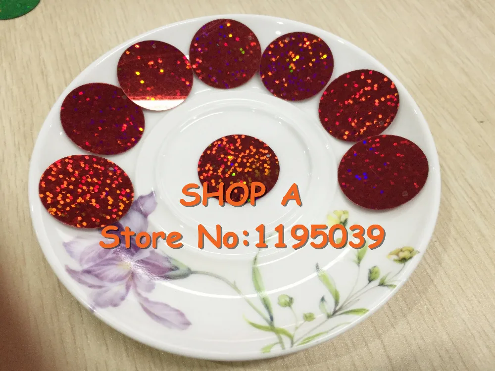 280pcs Large Round Sequins 30mm PVC Sequin Flat Round Paillette Hologram Sequins Decoration Side Hole Laser Red Confetti