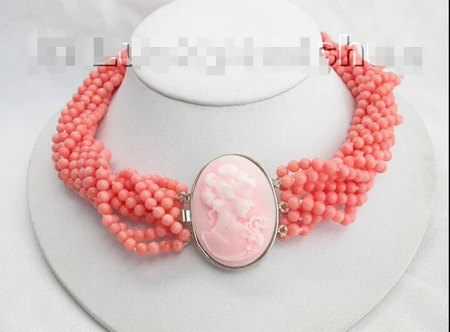 Fine 8Stds 4-5MM natural pink coral necklace cameo clasp Nobility Woman's jewelry Girl gift longer 45-60CM