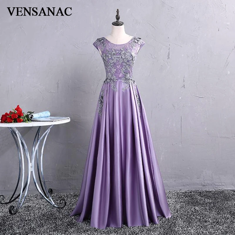 

VENSANAC 2018 Vintage O Neck Crystals Embroidery Long A Line Evening Dresses Elegant Lace Tank Satin Party Prom Gowns