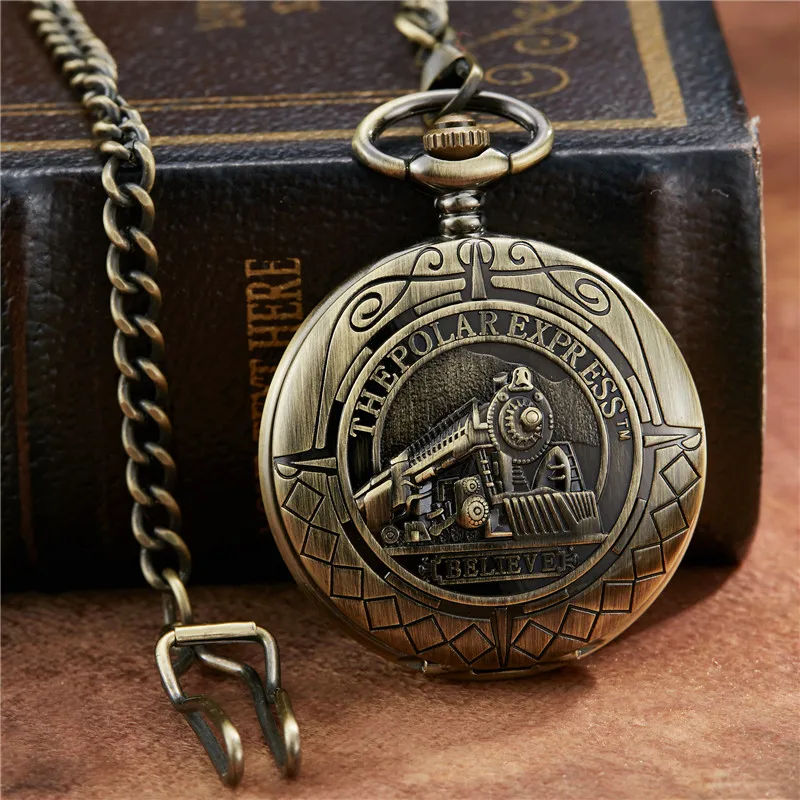 Unique Carving Vintage Train Bronze Roman Dial Mehanical Pocket Watch FOB Chain Smooth Hand Wind Mechanical Mens Womens Watches