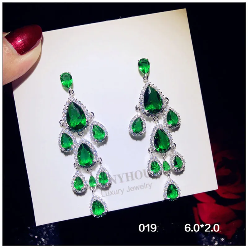 S925 Sterling Drop Earring For Women Vintage Created Emerald Fine Jewelry Long Cubic Zirconia Eardrop Trendy Temperament Brincos 4
