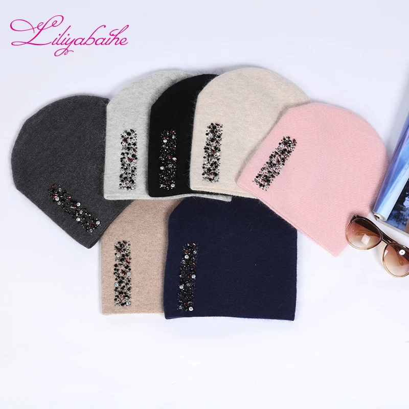 LILIYABAIHE Women Autumn And Winter Hat angora Knitted Skullies Beanies Cap Colored vertical strip diamond decoration hats