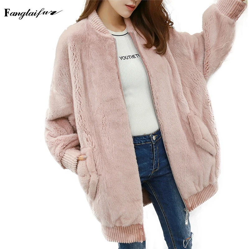 

Ftangaiur Winter Women Import Velvet Mink Coat O-Neck Long Sleeve Pure Color Mink Coats Women's Medium Real Mink Fur Coats