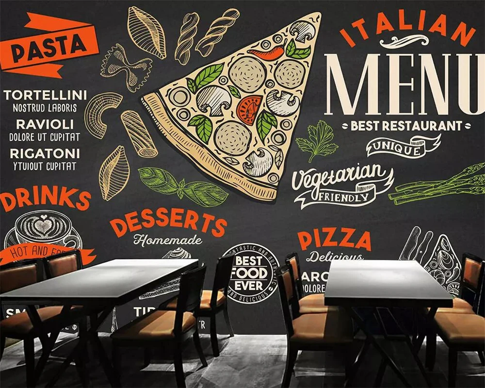 Customize personalized wallpaper mural hand-painted blackboard restaurant pizza shop background wall 3d wallpaper papier peint