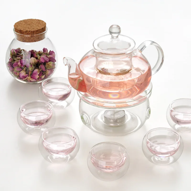 1 glass teapot 600ml+6 double wall tea cups +1 heating base 8pcs/set