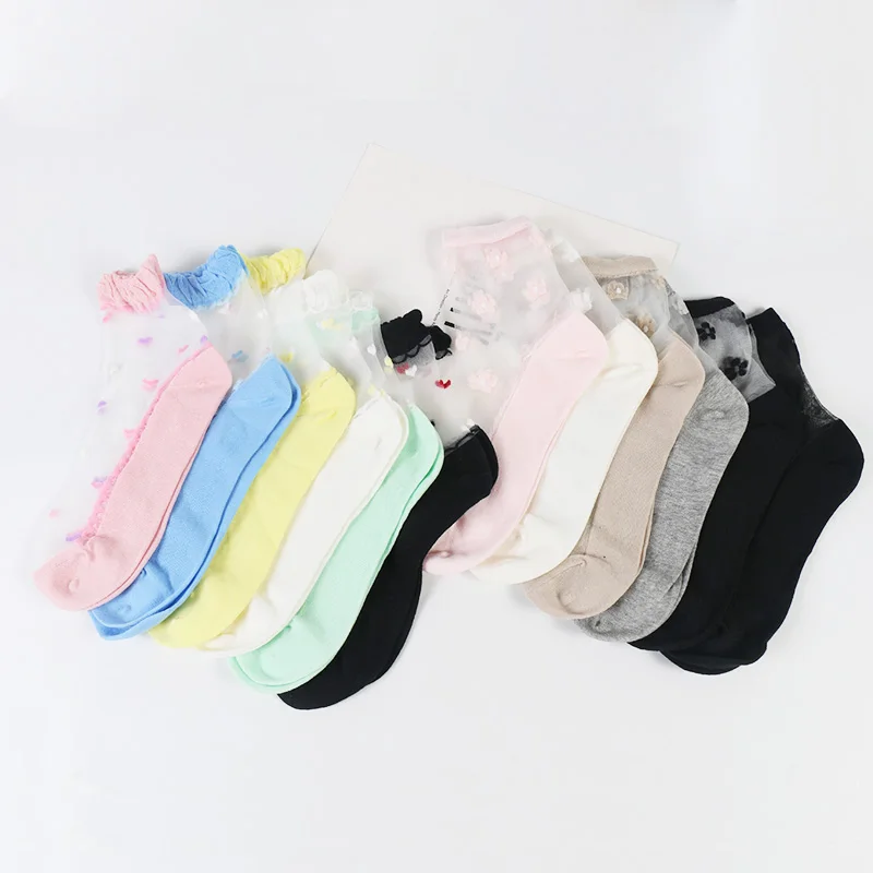 DONG AI fashion ultra-thin invisible glass silk flower love LOVE cotton bottom female socks