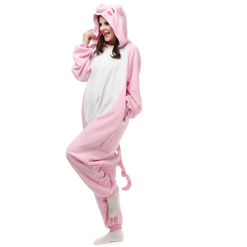 ผู้ใหญ่ผ้าฟลีซสีชมพูหมู Kigurumi ผู้หญิงชุดคอสเพลย์ผู้หญิงผู้ชายสัตว์ Onesies ชุดนอนฮาโลวีน Carnival Party Jumpsuit