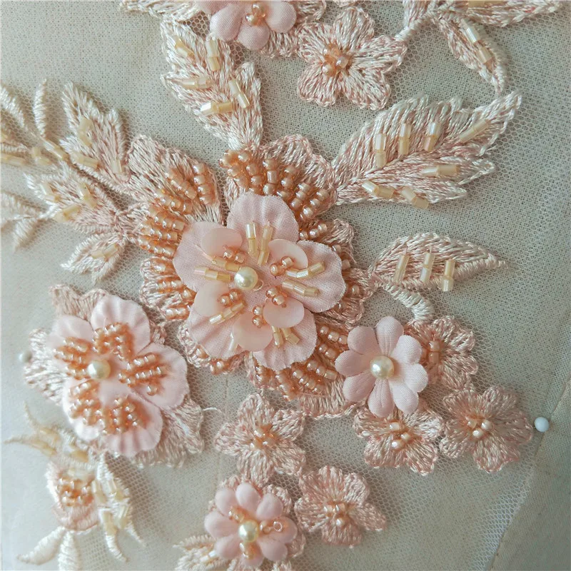 Elegant 3D Flower Embroidery Lace Applique, Pearl Beaded Lace, Trim Dress Fabrics, Material Colors, 28*16.5cm, 1 Pc