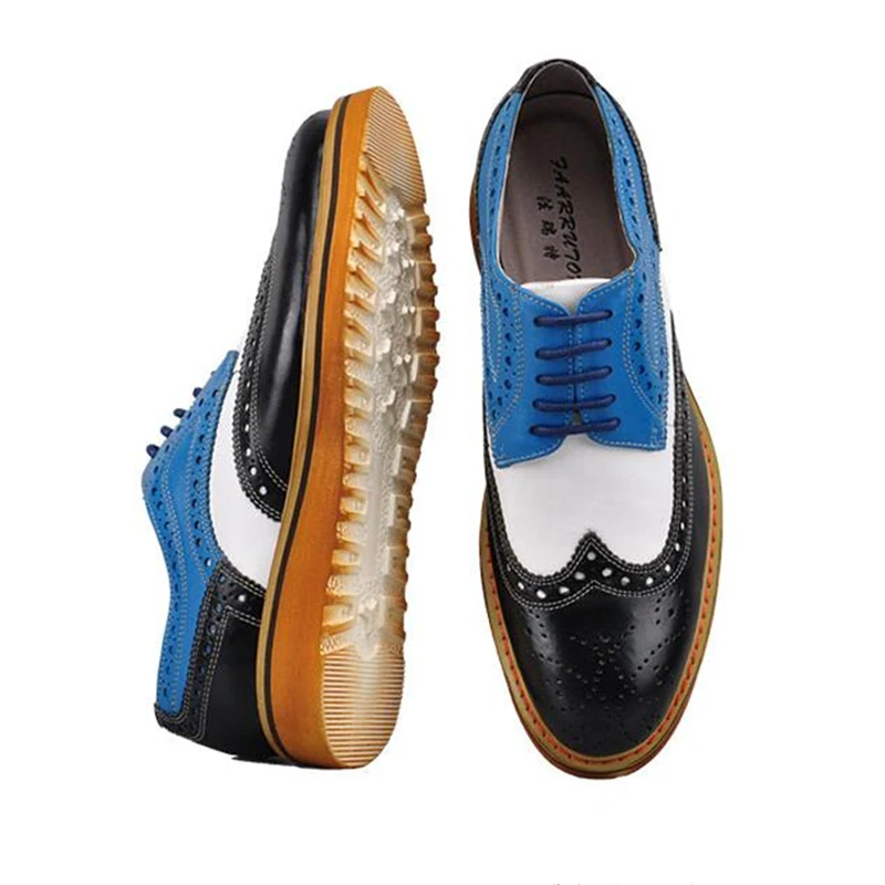 Men\'s Retro Genuine Leather Lace Up Fretwork Mixed Colors Oxfords Bussiness Mens Formal Dress Wedding Brogue Shoes