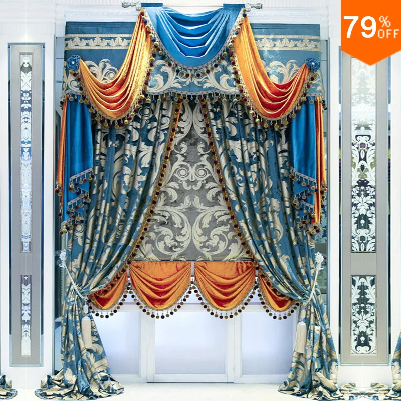 Rod Stick Hang style curtains for Restaurant Curtain phenix wind Classic elegant Living Room Curtains Bedroom Orange Blinds Blue