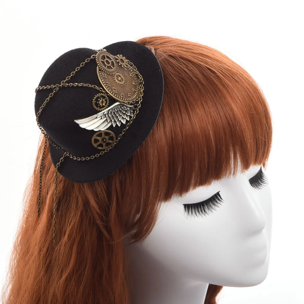 Steampunk Mini Top Hat Hair clip Gothic Gears Wing Chain Head Wear