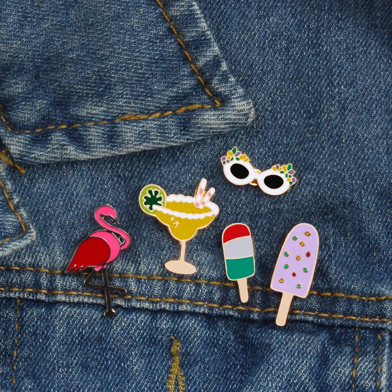 Bird Ice Cream Glasses Orange Juice Mini Brooches Jackets Enamel Pin Badge For Women Men Fashion Beach Party Accessories Jewelry