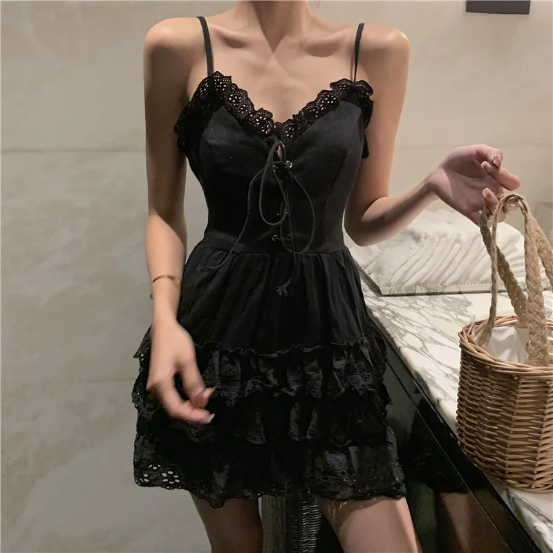 Lolita Women Slip Dress Summer Sleeveless V-neck Lace Up Ruffles White Sundress Female Sweet Slim Beach Dresses vestido E306