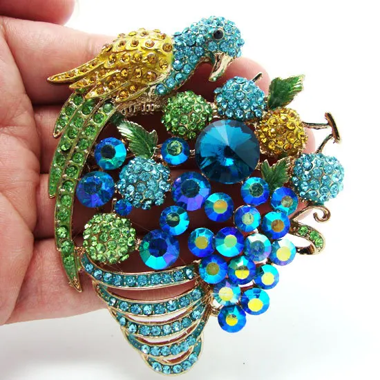 Unique Blue Parrot Fruit Group Woman's Brooch Pin Crystal Rhinestone Jewelry