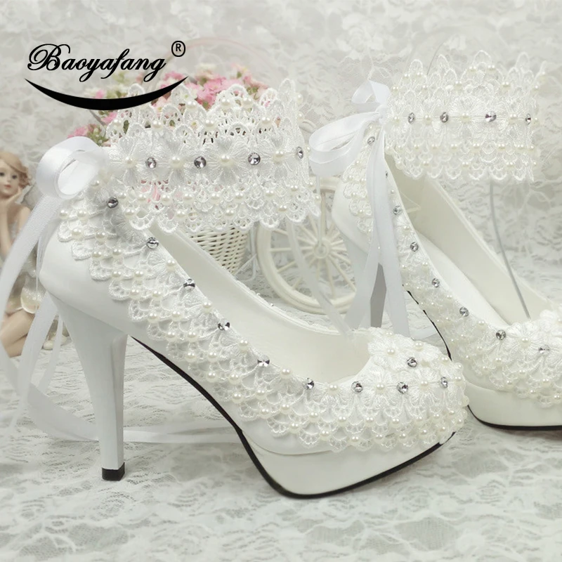 BaoYaFang Nuovo Arrivo tacco Alto piattaforma scarpe Bianco Fiore Delle Donne scarpe da sposa cinturino alla caviglia con la Cinghia