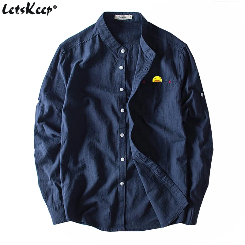 

2018 LetsKeep Men Military linen cotton shirts with button mens casual shirts nature Cotton slim shirt A Spring , MA481