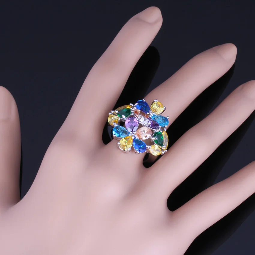 Remarkable Huge Multi-Gem Multi-Color Yellow Cubic Zirconia Silver Plated Ring V0163