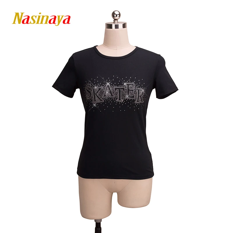 

Women's Training Competition Customized Figure Skating T-shirt Top Patinaje Gymnastics Black Round Neck Letter Short Sleeve