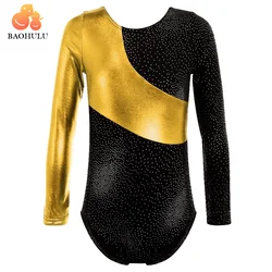 BAOHULU Gold&Black Girls Ballet Dress Long Sleeves Children Dance Jumpsuit Ballerina Practice Performance Ballet Leotard