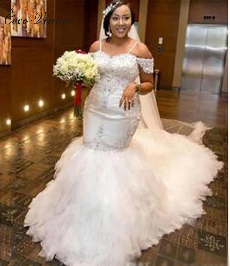 อเมริกาสไตล์ใหม่ชุดเดรสเมอร์เมดที่กําหนดเองฉัตรรถไฟพัฟคริสตัลลูกปัด PLUS ขนาดชุดแต่งงานสําหรับผู้หญิง W0215