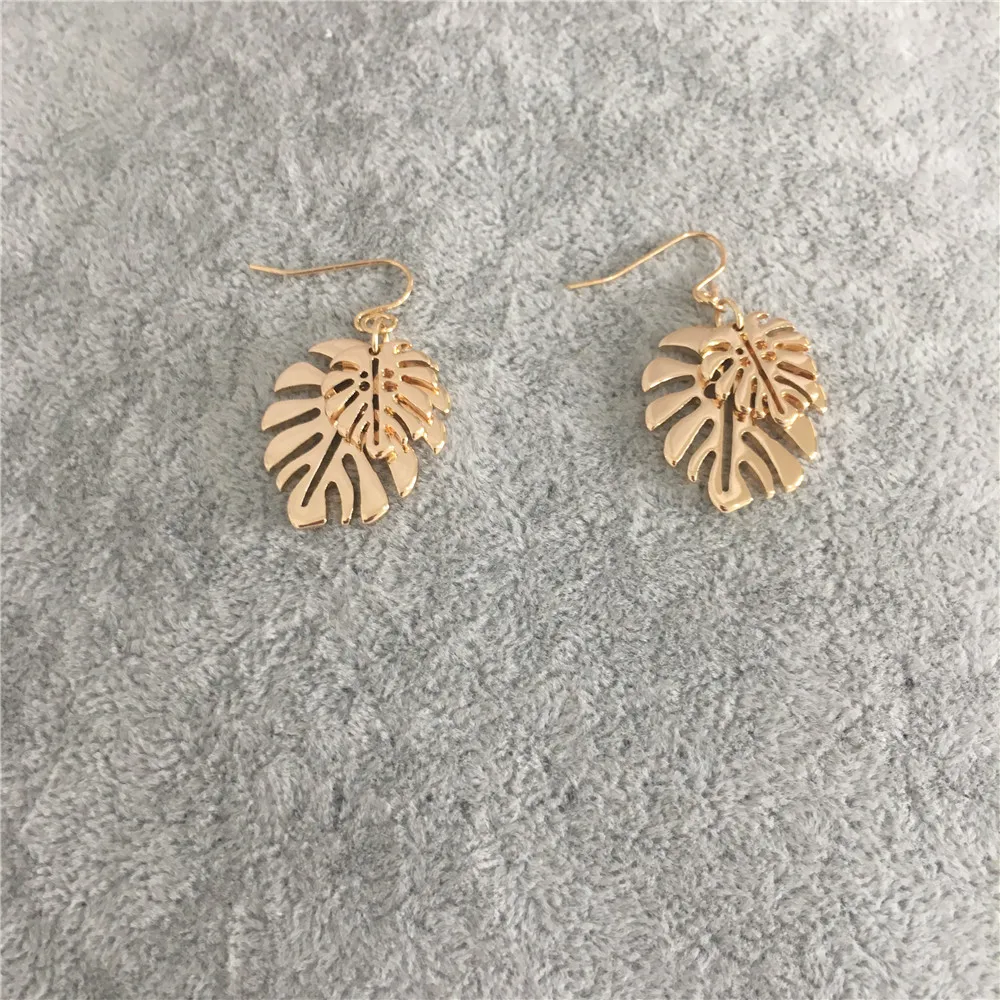 New Trend Gold Color Plating Monstera Leaf Overlap Drop Earrings For Women Girl Elegant Naturalism Casual  Jewelry Hot Summer