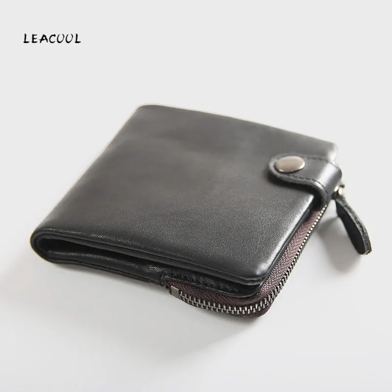 Vintage Genuine Leather Men's Short Wallet Men Women Cowskin Soft Small Purse Card Holder Zipper Coin Pocket Black