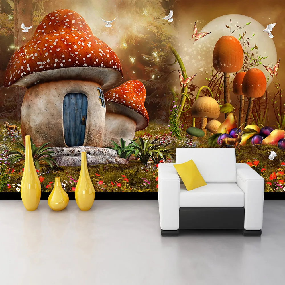 

Custom Cartoon Theme Mural Wallpaper For Kids Mushroom House Cartoon Fantasy Wall Mural Children's Room Sofa Backdrop Wall Paper