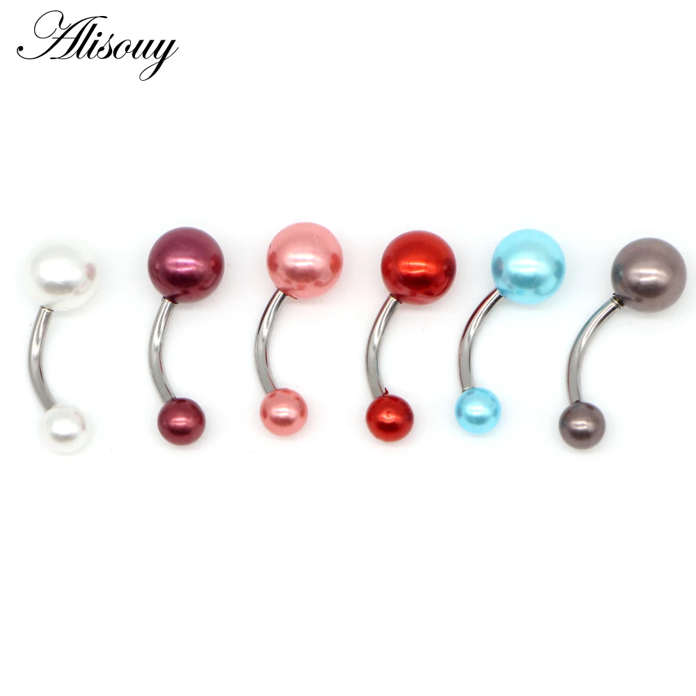 Alisouy 1Pcs Imitation Pearl Many Colors Choose Body Piercing Jewelry Navel Belly Button Rings 14G Tragus Ear Eyebrow Bar