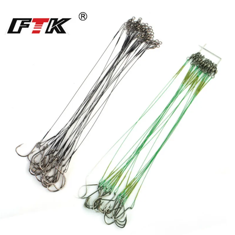 FTK 20PCS 20cm Stainless Steel Wire Fly Fishing Leash With Hook Core 40-80LB Pike Anti-bite Leashes For Fishing Line Leader
