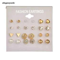 Brincos Fashion 12 Pair/set Women Square Crystal Heart Earrings For Women Piercing Simulated Pearl Flower Earrings Set Free