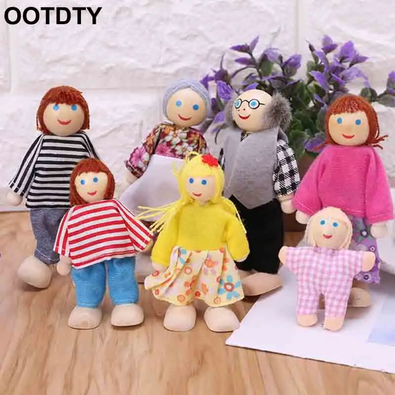 

7pcs/set Happy House Family Dolls Wooden Figures Characters Dressed Kids Girls Lovely Children Pretending Doll Toys