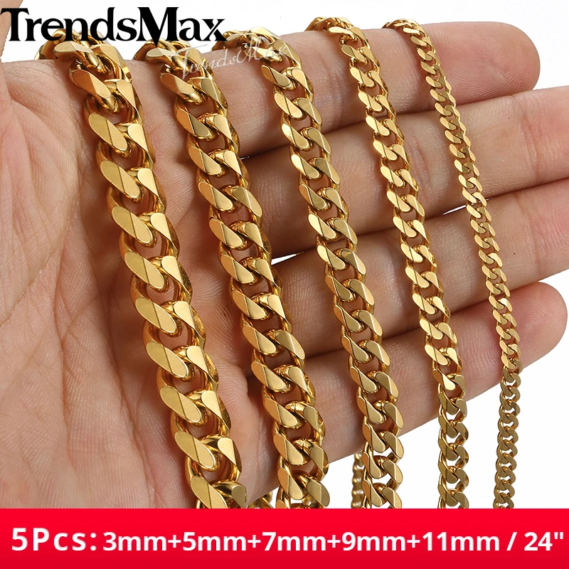 

Цепочка KNM08A мужская из нержавеющей стали, ожерелье золотого цвета из кубинской цепи, колье 5 шт./лот, 3/5/7/9/11 мм, 24 дюйма