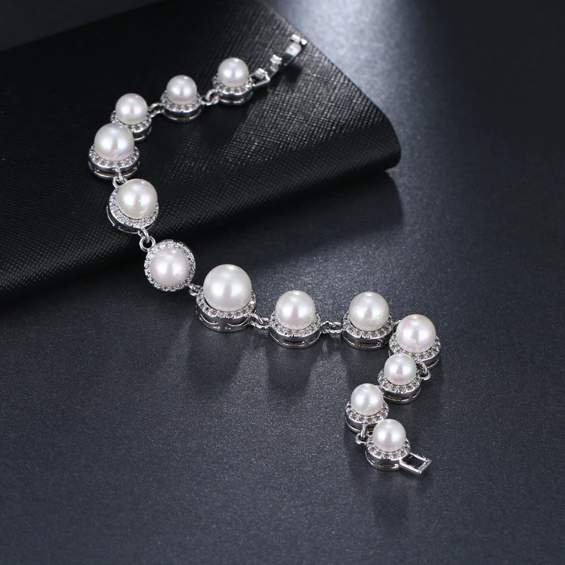 EMMAYA New Simulated Pearl Bracelet with Cz Beads Paved Women Bracelet Fashion Silver Color Wedding Jewelry