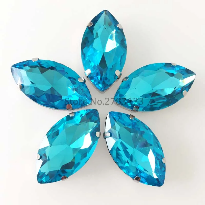 Lake blue Glass Crystal sew on  rhinestones with four holes with Silver claw,diy Wedding Dress Decoration Free shipping