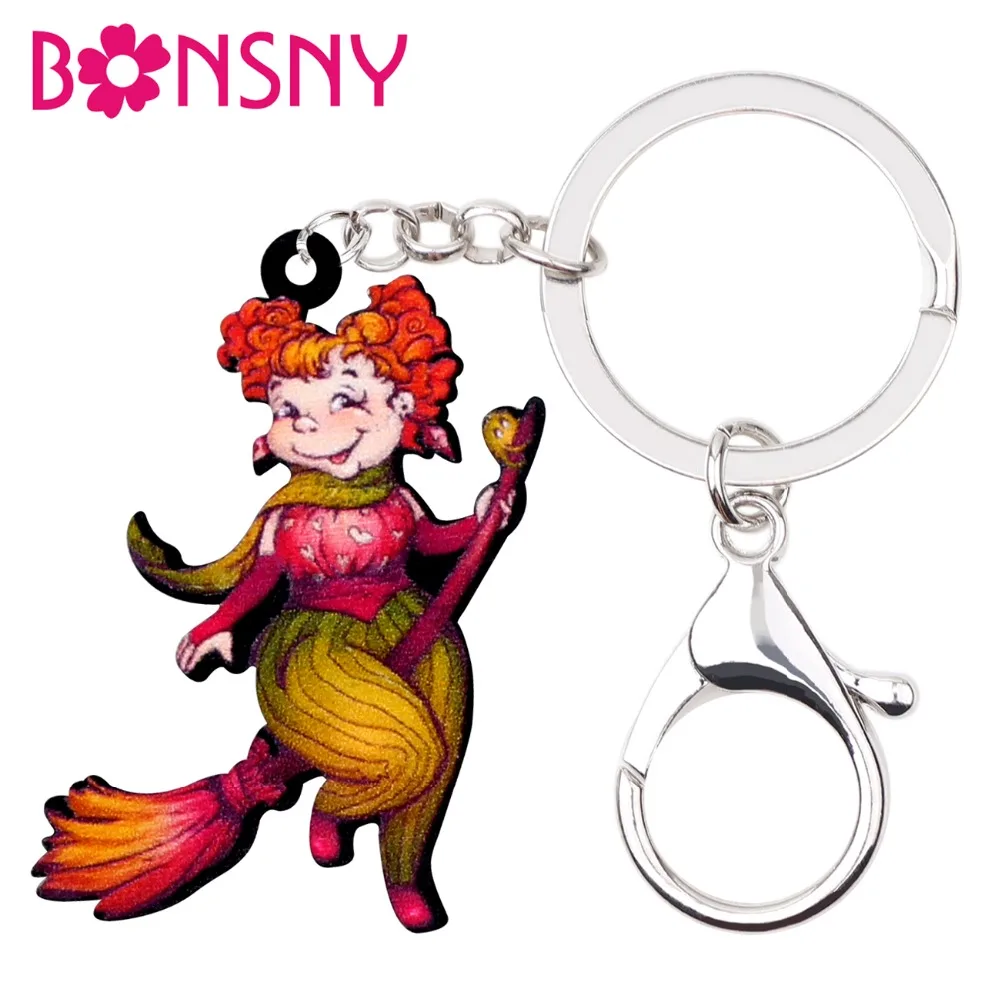 Bonsny Acrylic Halloween Happy Witch Broomstick Key Chain Keychain Ring Cartoon Jewelry For Women Girls Bag Car Charms Wholesale