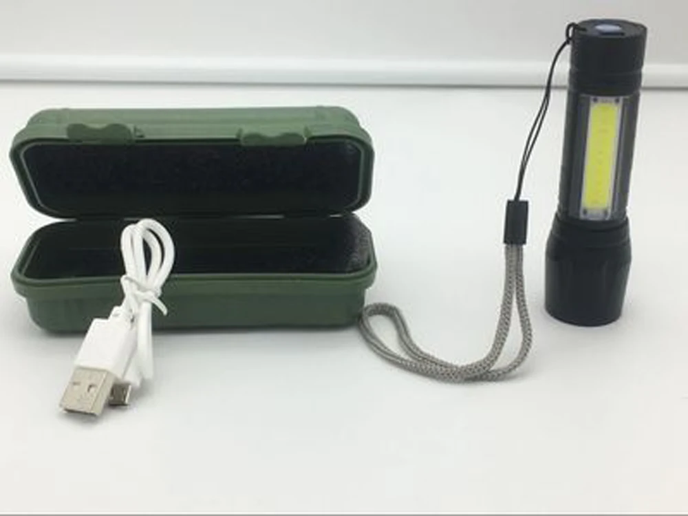 Mini linterna LED COB USB, linterna recargable con enfoque de Zoom, funciona con batería integrada, Cable USB con caja