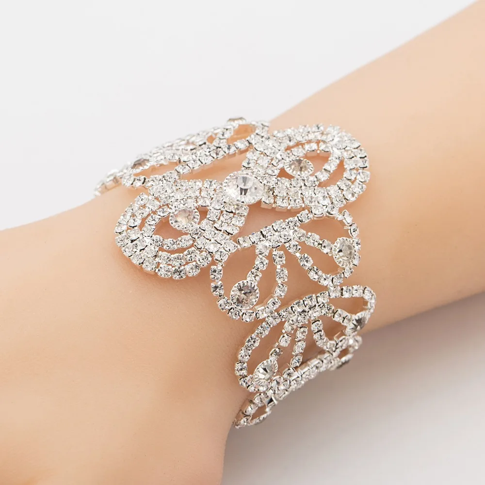 YFJEWE Silver color Gold Color Crystal Bracelet Flower Pattern Shiny Rhinestone Wide Bride Princess Wedding Jewelry Gifts B168