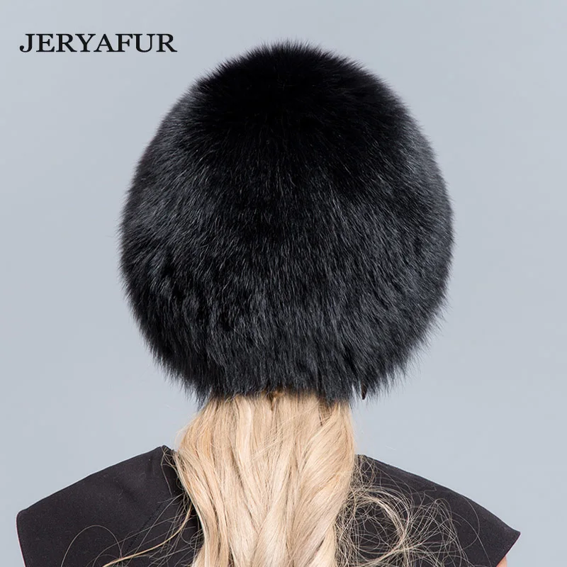 JERYAFUR  NEW Bomer Caps Women Winter Fur Hat Genuine Fox Fur Hats Knitted Silver Fox Fur Caps Female