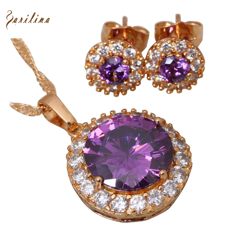 Garilina Fine Jewelry Sets Purple Zircon White Clust Purple crystal Gold Plated Pendant Necklace/Stud Earrings for Women Girls