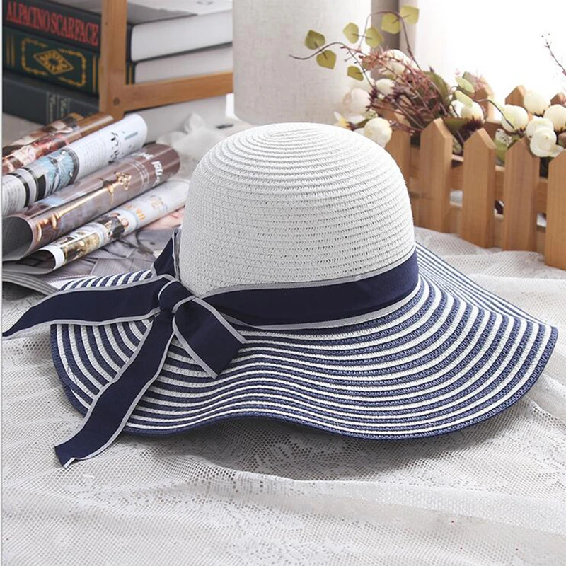 2019 Hot Sale Fashion Hepburn Wind Black White Striped Bowknot Summer Sun Hat Beautiful Women Straw Beach Hat Large Brimmed Hat