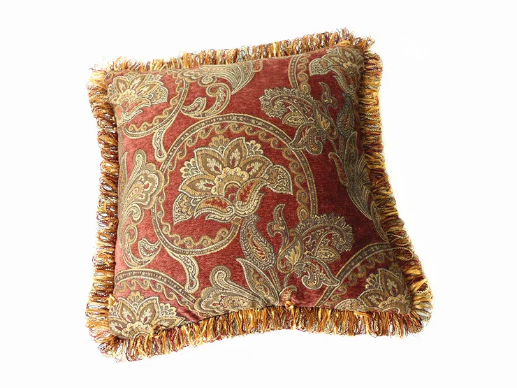 American Paisley Woven Classic Chenille Brick Red Pillow Cover Decorative Cushion Cover Square Pillow Case With Fringe 45x45cm