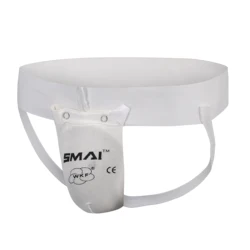 SMAI WKF APPROVED MALE GROIN GUARD - ELASTIC  traditional style tuck-under cup with elasticised waist belt and strap