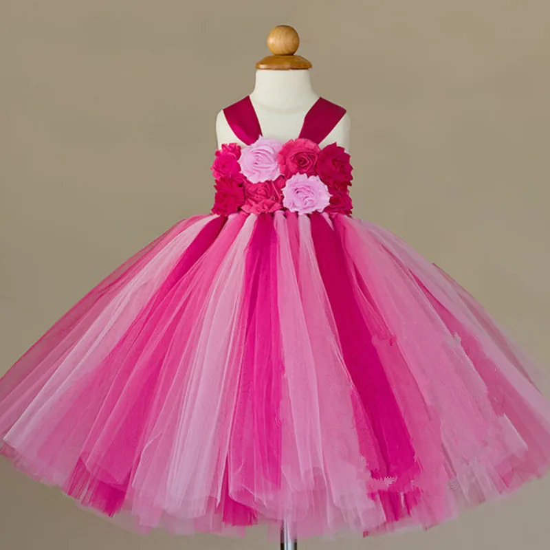 Arcobaleno Colore del Vestito Dal Tutu Delle Ragazze di Fiore Cinghie Capretti del Vestito Crochet Tulle Abiti Dell\'abito di Sfera Dei Bambini Da