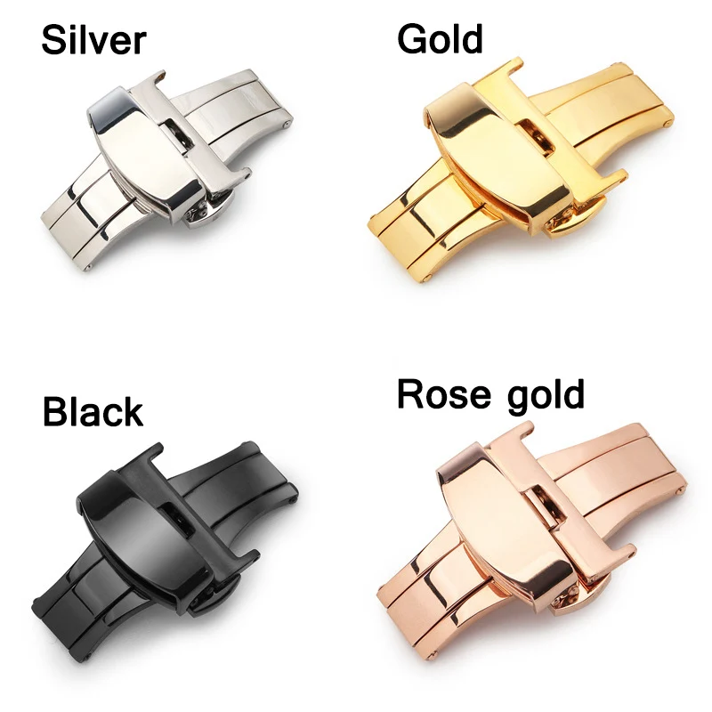 Butterfly Deployment Watch Band Buckle Double Push Button 16 18 20 22mm Black Rose Gold Silver Buckle Strap Accessories