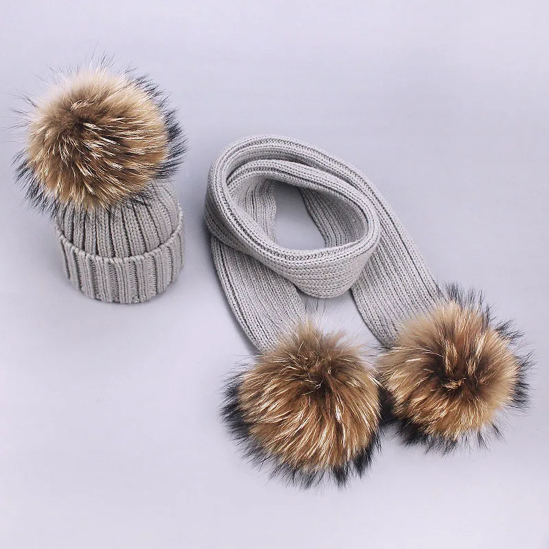 Gorros con pompón para padres e hijos, conjuntos de bufanda y sombrero de invierno, gorros de bola de piel Natural Real, gorros de punto cálidos