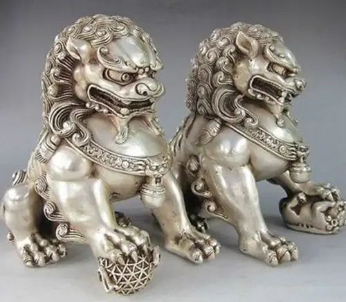 12*12cm Chinese Silver Guardian Lion Foo Fu Dog Statue