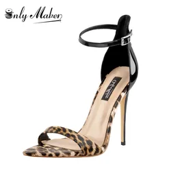 Onlymaker Women Peep Toe 12cm Ankle Strap Pointy  Leopard Sandals Stilettos  Party Thin Heels Summer Sandals