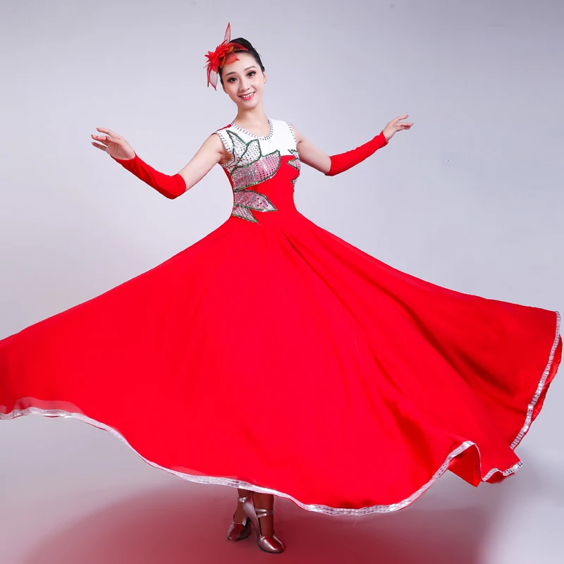 Red Long Full-skirt Opening Dance Big Swing Dress Spanish Bullfight Performance Dance Costume Stage Sequin Dancing Costume H589